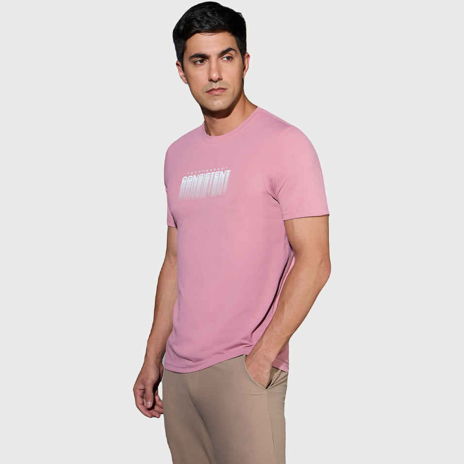 Technosport Men's Poly Printed Slim Fit Round Neck Sports T-shirt | Dusty Rose - L