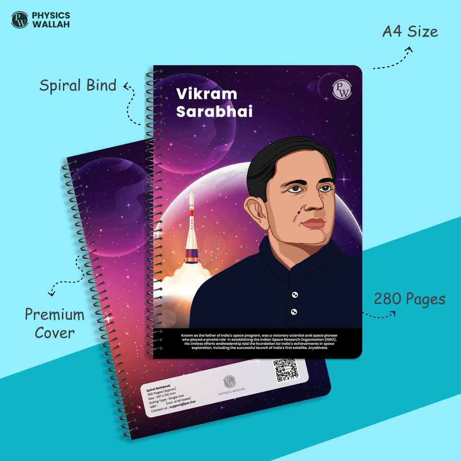 Physics Wallah Practice Spiral Notebook | 280 Pages, A4 Size Ruled, Vikram Sarabhai