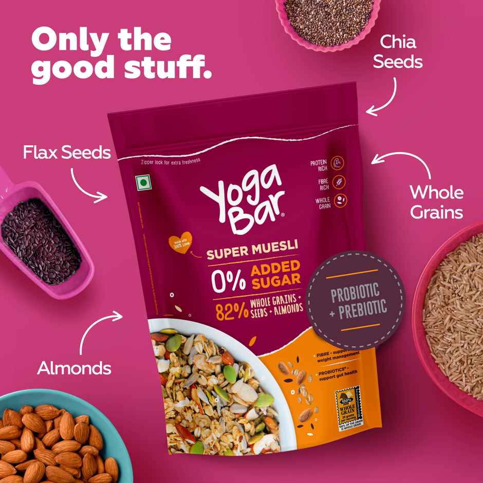 Yoga Bar Super Muesli, No Added Sugar, with Probiotics & Prebiotics, 84% Almonds+Chia & Flax Seeds