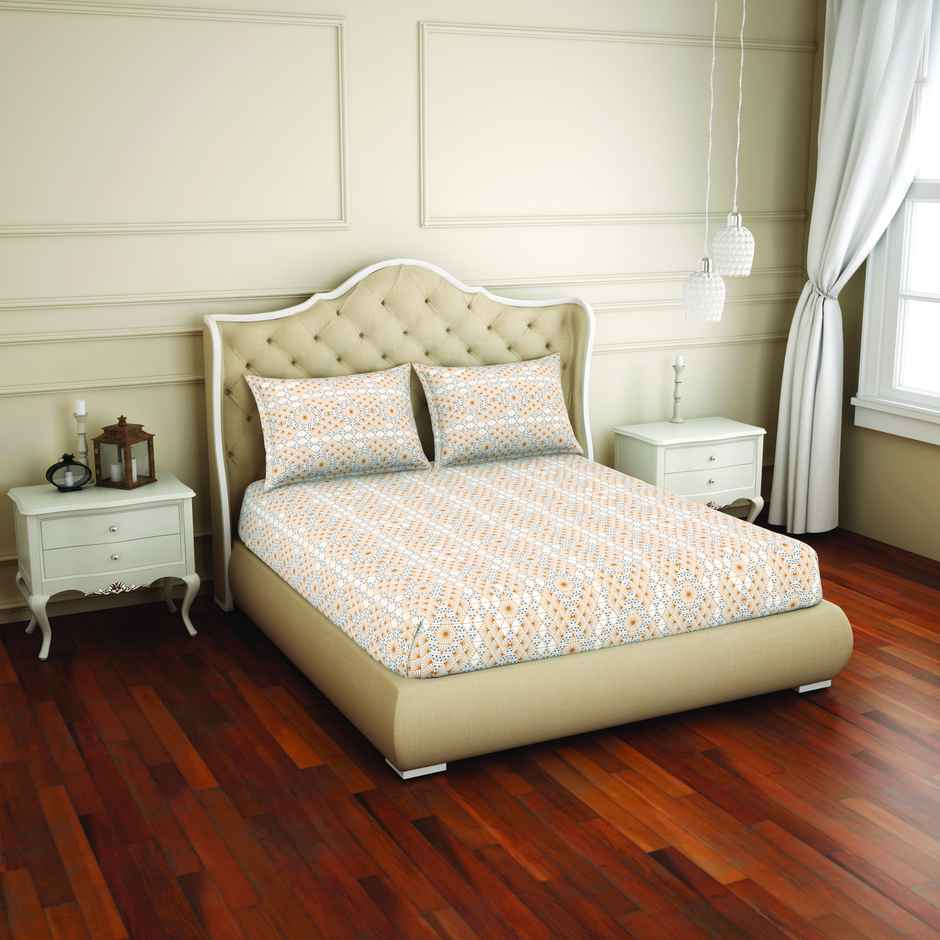 Welspun Geometric Orange Cotton Rich Double Bedsheet - 2-In-1