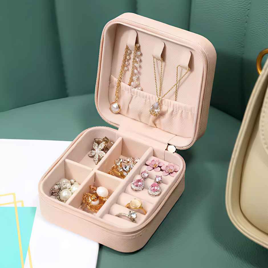 Lazer Jewellery Organizer PU Leather Zipper Storage Box Square