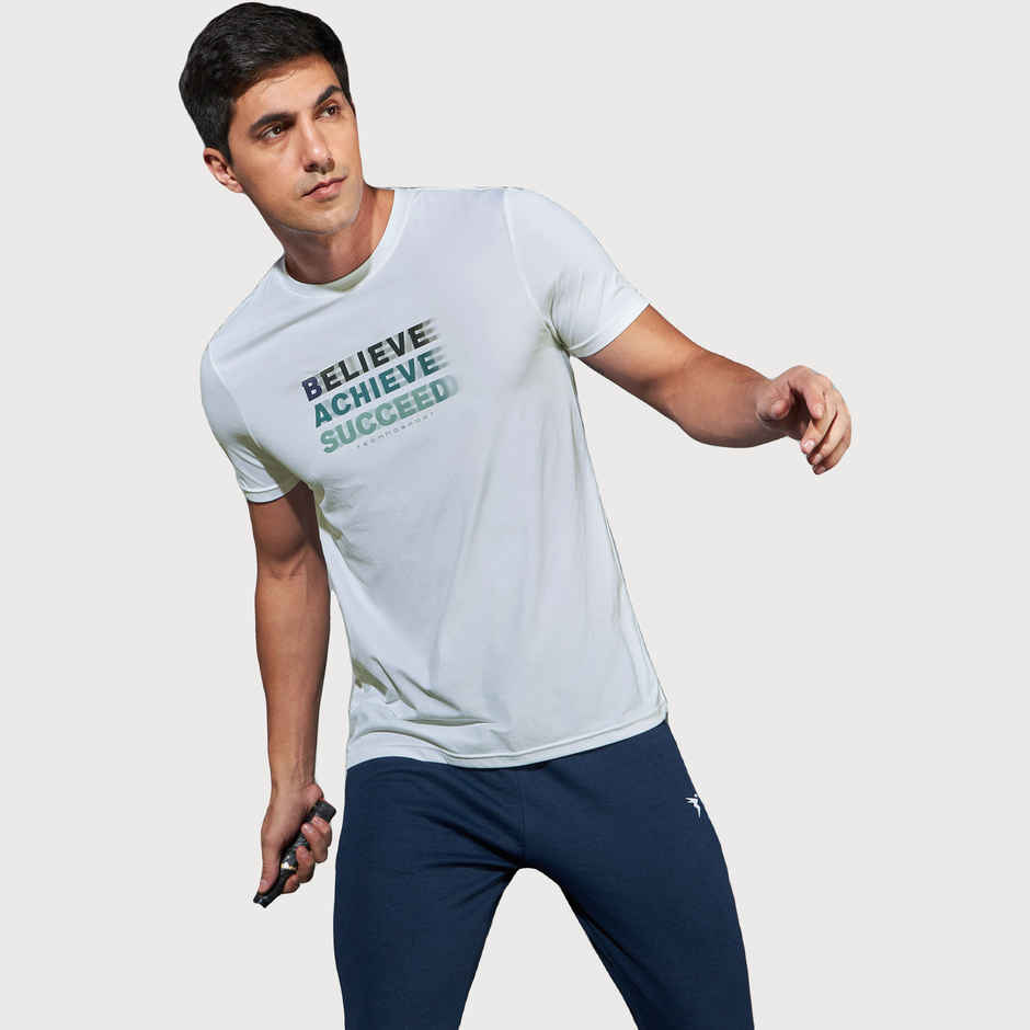Technosport Men's Poly Printed Slim Fit Round Neck Sports T-shirt | White - XL