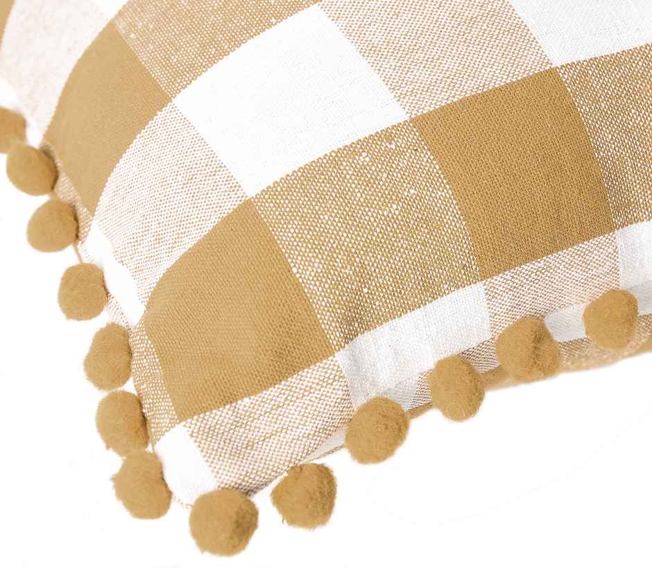 Lushomes Cotton Cushion Covers - Beige White Checks | Pom Pom | 18 x 18 inch
