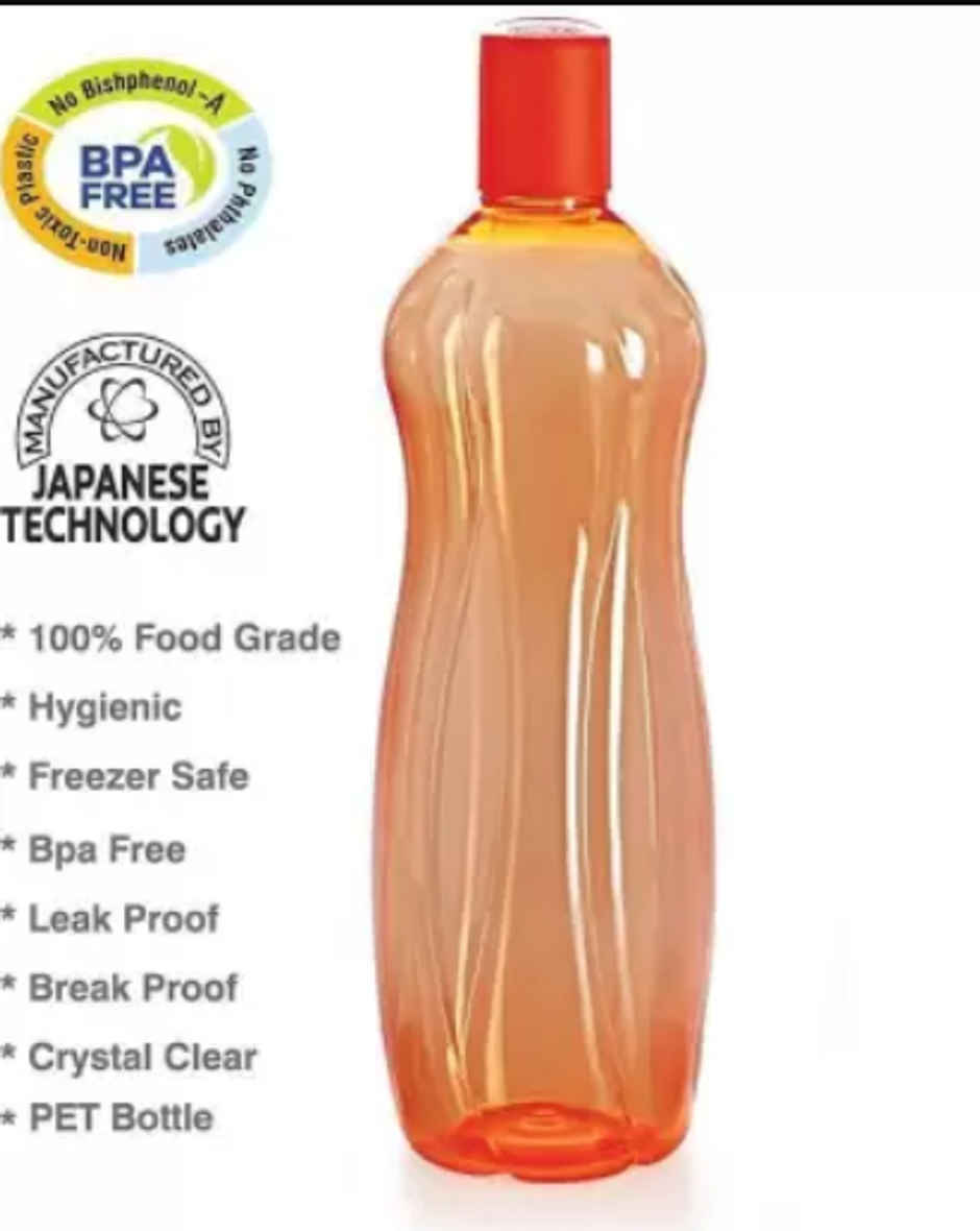 Cello Sipwell Pet Water Bottle | Leak proof and Break proof | 1000ml, Set of 6 | Orange