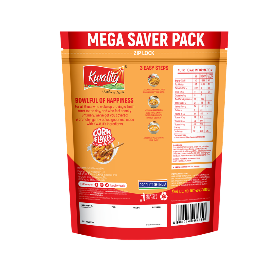 Kwality Corn Flakes With Almond & Honey - Made With Golden Corns