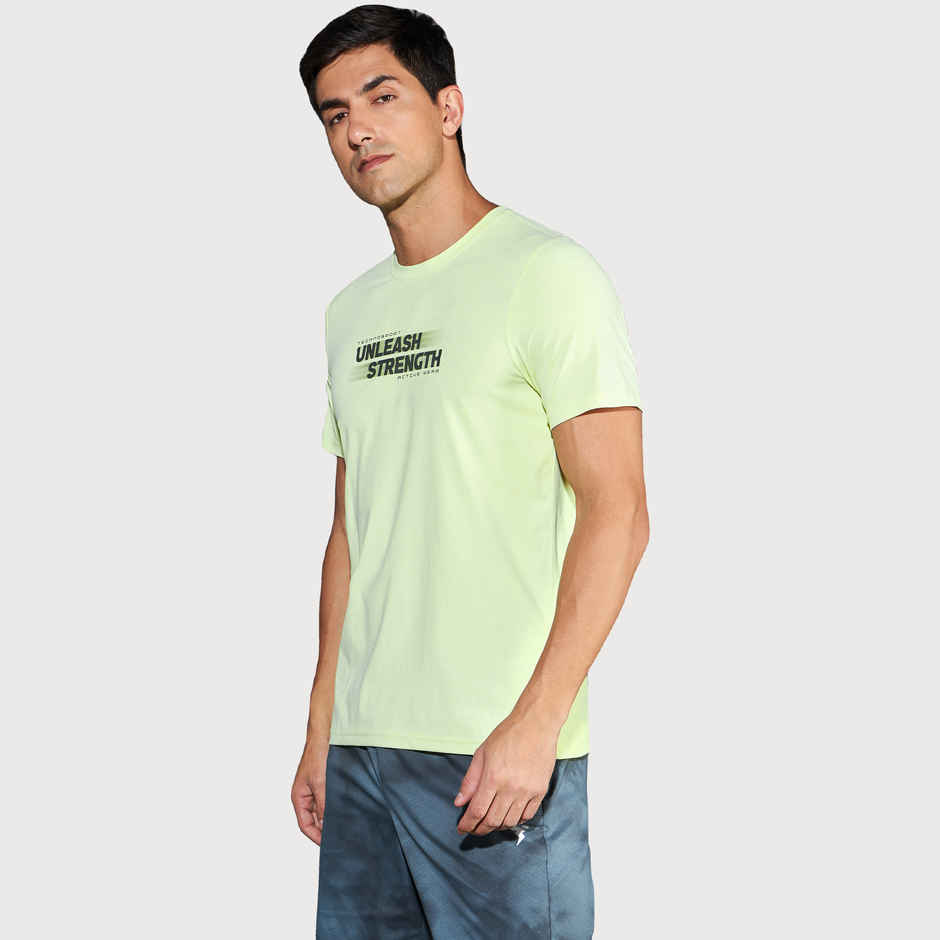 Technosport Men's Poly Printed Slim Fit Round Neck Sports T-shirt | Shadow Lime - XL