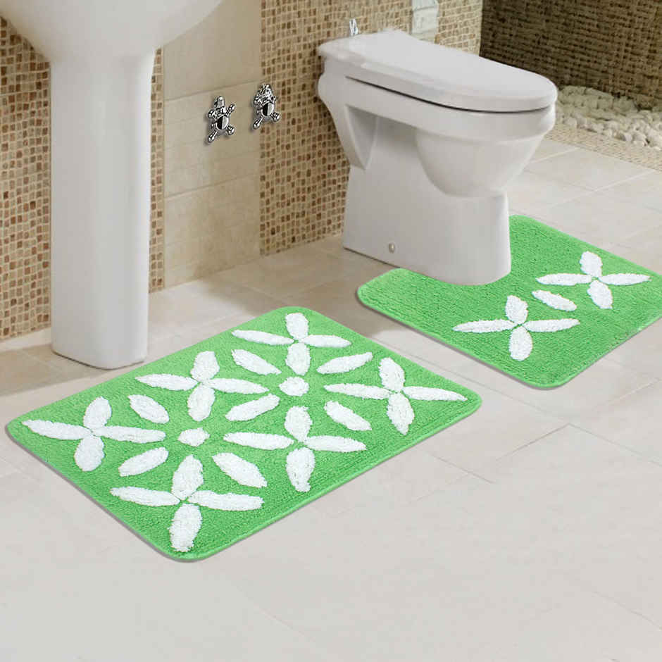 Saral Home Cotton Anti-Slip Bathmat & Contour Set | 40 x 60 & 40 x 45 cm | Green