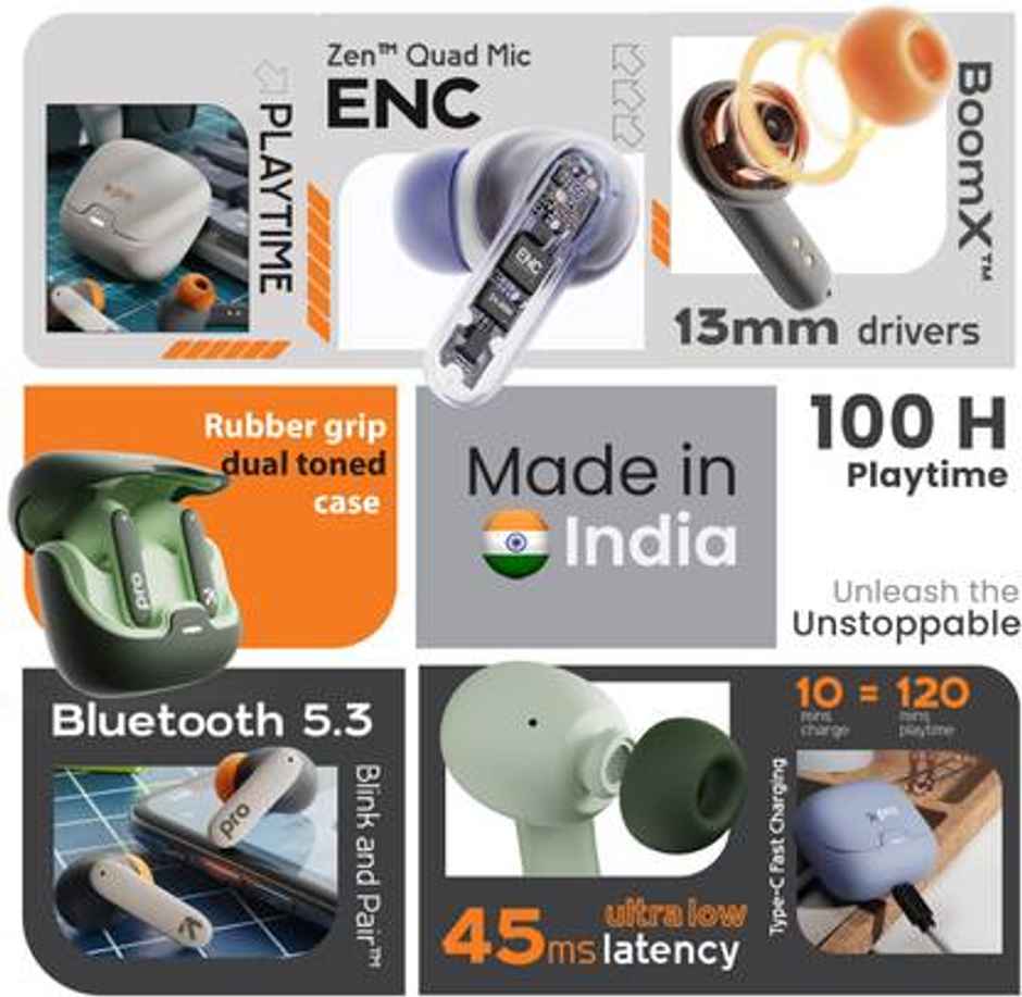 GOBOULT Z40 Pro TWS Earbuds with 100H Playtime,Quad Mic ENC,45ms Low Latency Gaming,Premium Rubber Grip Case,13mm Bass Drivers,Made in India TWS - Midnight, Black