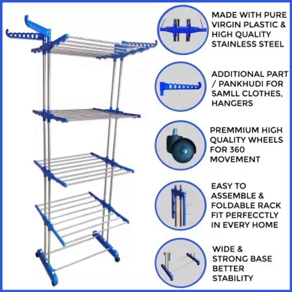 TNC Blue Double Poll 4 Tier Stainless Steel Cloth Dryer Stand