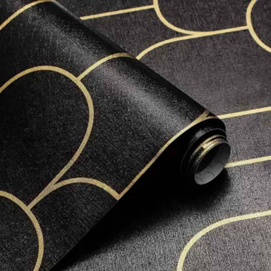 Wollzo Geometric Scallop Black Wallpaper Self Adhesive Peel and Stick Wall Decor 45 x 500 cm