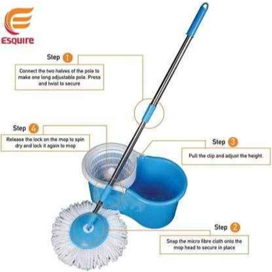 Esquire Elegant Blue 360 Spin Steel Bowl Bucket Mop Set With an Additional Refill - Color Blue