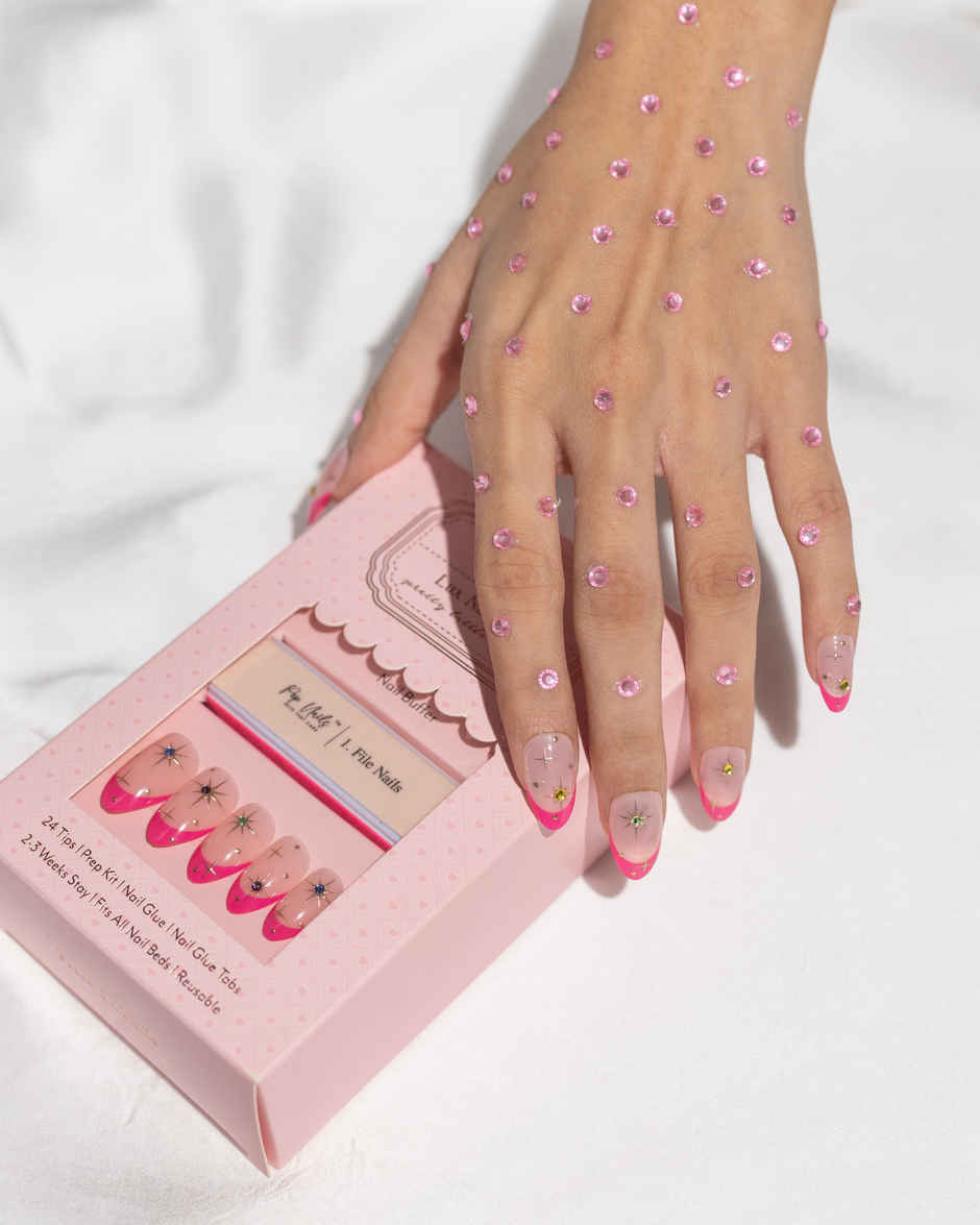 Pep Nails Blush & Bling Pink Gemstone Medium Almond Reusable Press On Nails | 24 Nail Tips