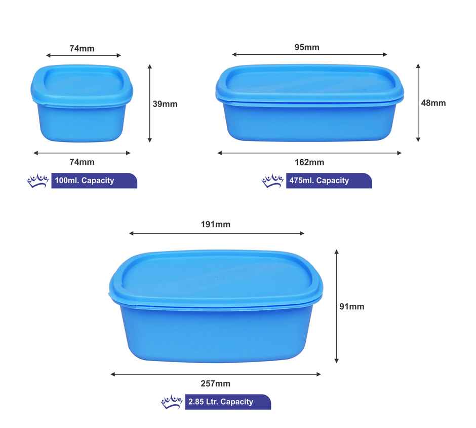 Princeware Store Fresh Container Set of 7 Pcs | 2850 ml-1 Pc |475 ml-2 Pcs |100 ml-4 Pcs Blue