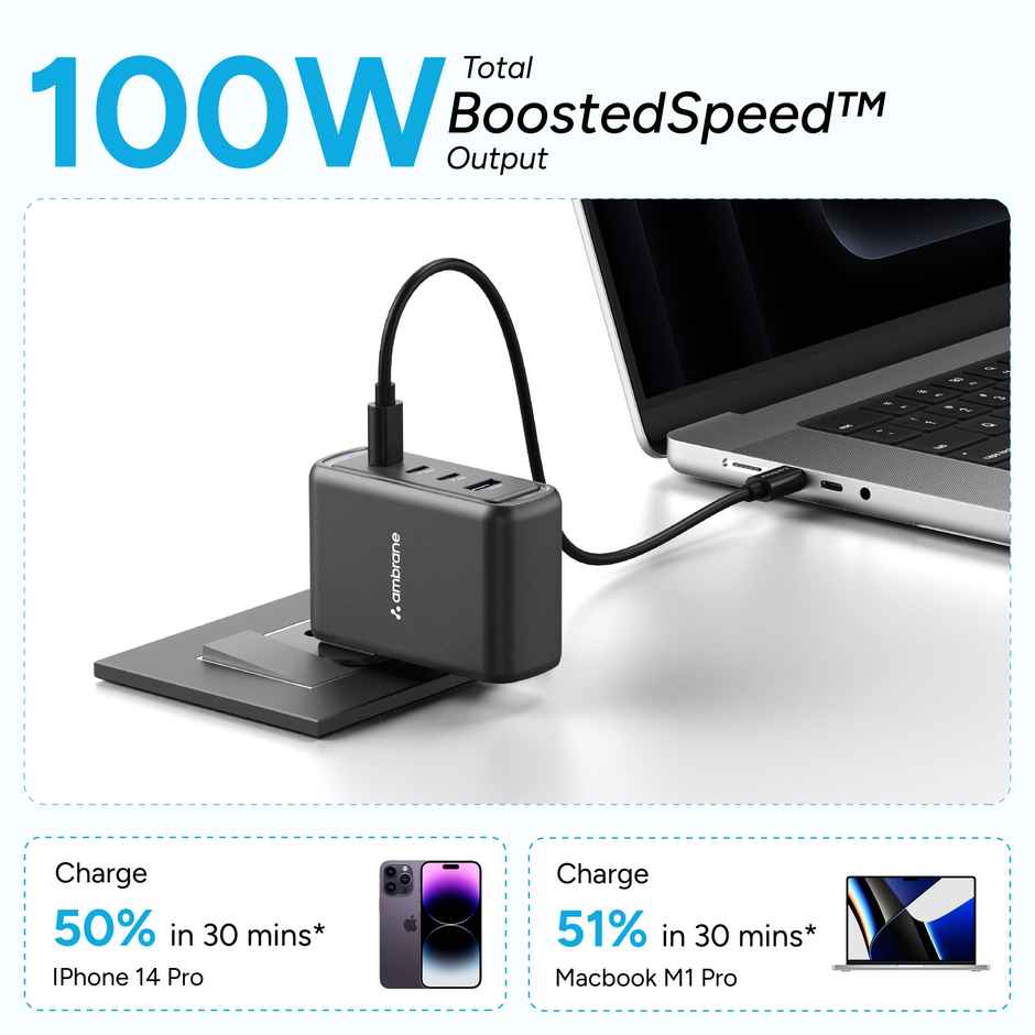 Ambrane 100W Gan Charger for MacBooks & Type C Laptop Charging with 4 Ports - 1 USB & 3 Type C