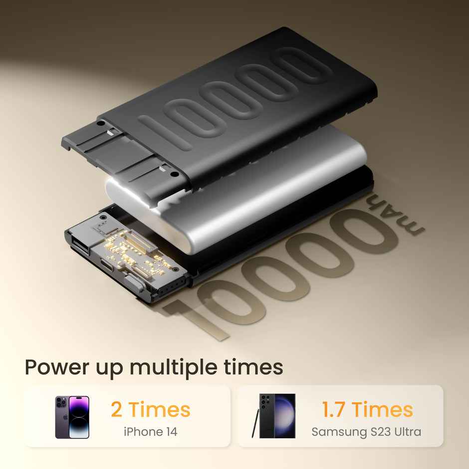 Ambrane 10000mAh Slim & Compact Wired Powerbank, 22.5W Fast Charging, USB & Type C Output, Power Delivery, Quick Charge for iPhone, Android & Other Devices, Made in India + Type C Cable (Stylo 10) - Black