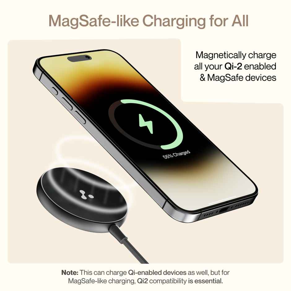 Ambrane 15W Qi-2 & Magsafe Wireless Charger with 60W Type C Cable for iPhone 15/15 Pro/15 Pro Max,iPhone 14/14 Pro/14 Pro Max,iPhone 13/12,Samsung & Other Qi-2 Device + Magnetic Ring (Aerosynq),Black