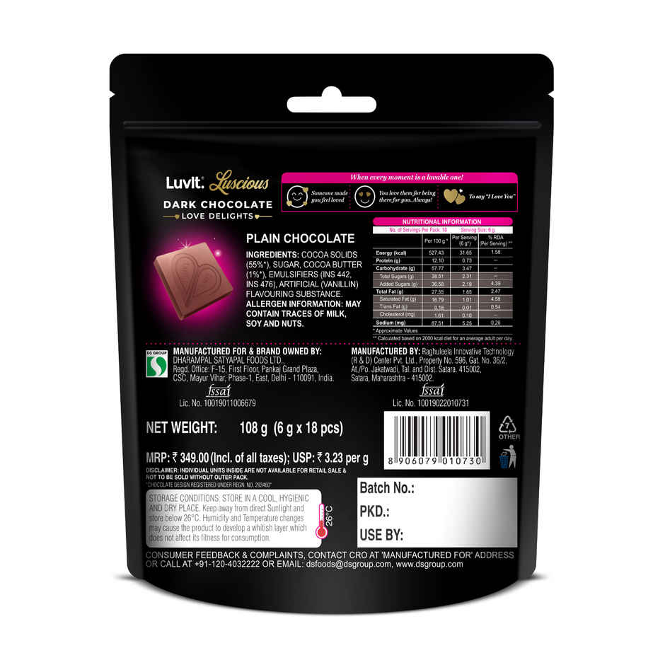 LuvIt Luscious Love Delights Dark Chocolate Bar