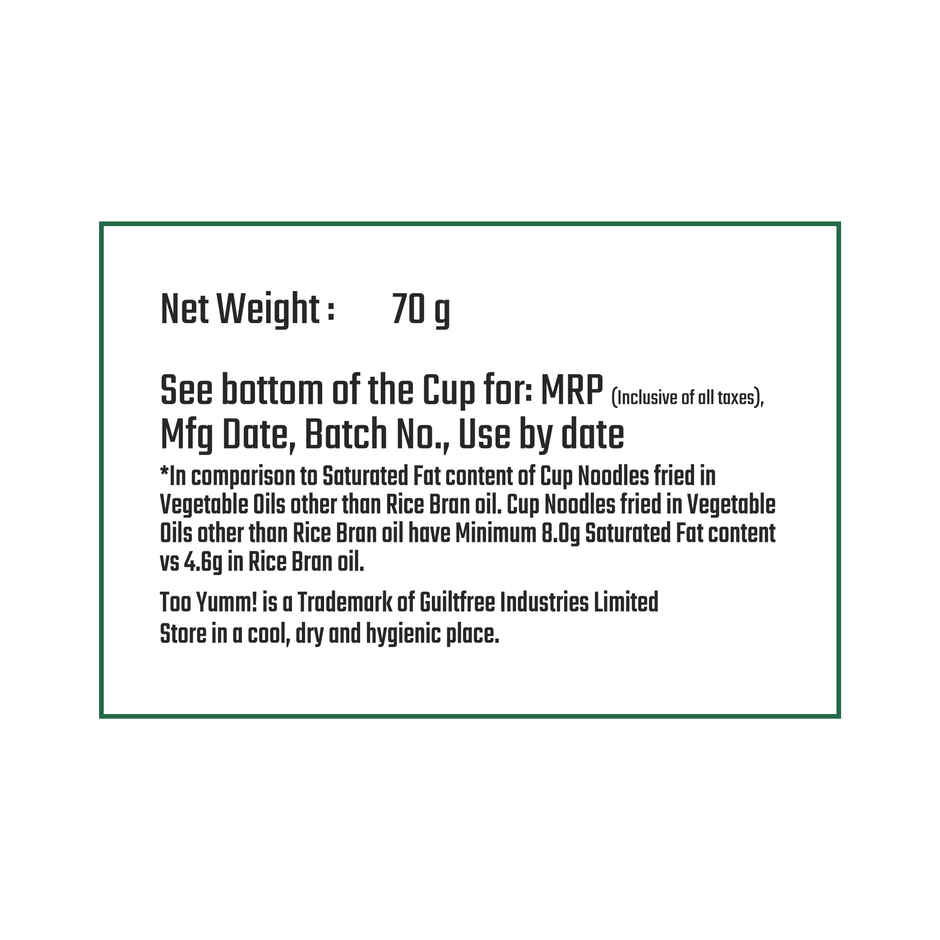 Too Yumm Fusion Masala Instant Cup Noodles, Veg, No Palm Oil Healthy K Bomb Noodles