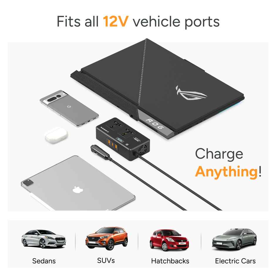 Ambrane 200W Car Power Inverter/Laptop Charger | Charge 5 Devices | SmartStrip Auto | Black