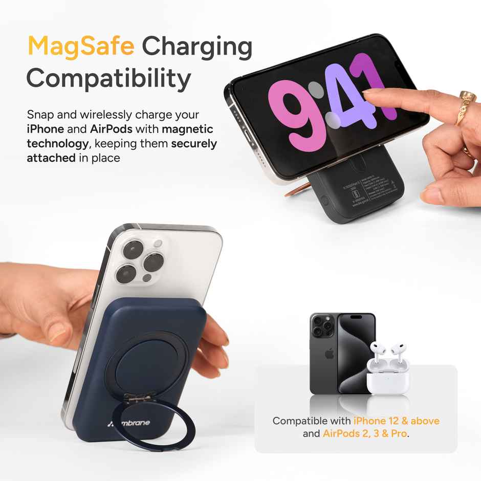 Ambrane 10000 mAh Magsafe Wireless Fast Charging Power Bank with Mobile Stand | 22.5W | Blue