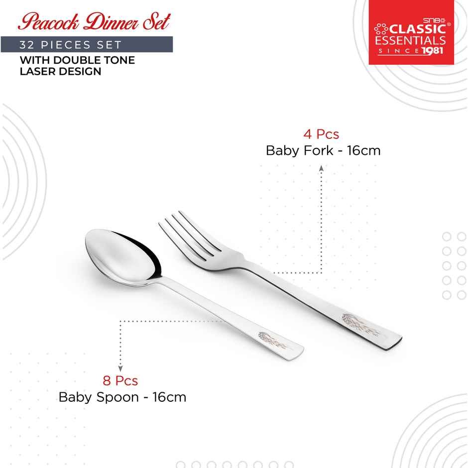 Classic Essentials Heavy Gauge Stainless Steel Permanent Laser Design Peacock 32 Pieces Dinner Set