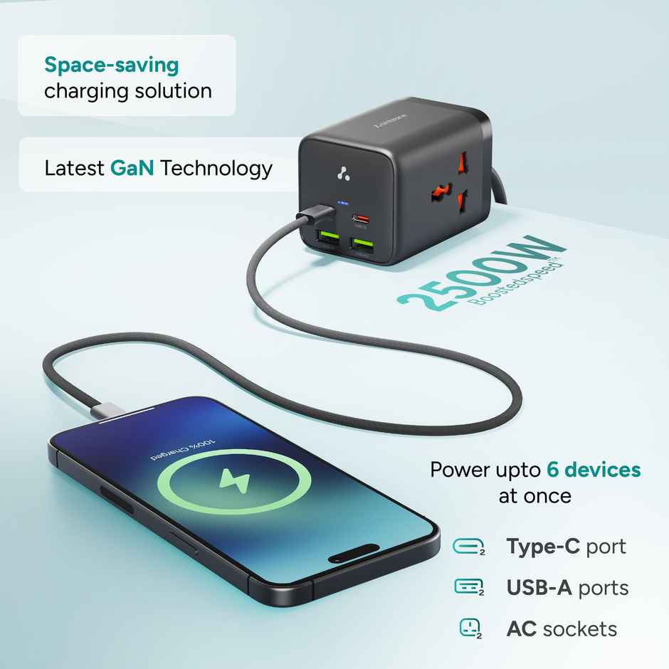 Ambrane 6-in-1 Power Hub Charger 65W Fast Charging | 6 Port Portable Charging Station