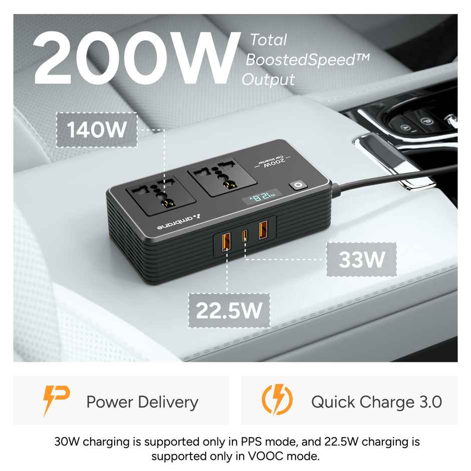 Ambrane 200W Car Power Inverter/Laptop Charger | Charge 5 Devices | SmartStrip Auto | Black