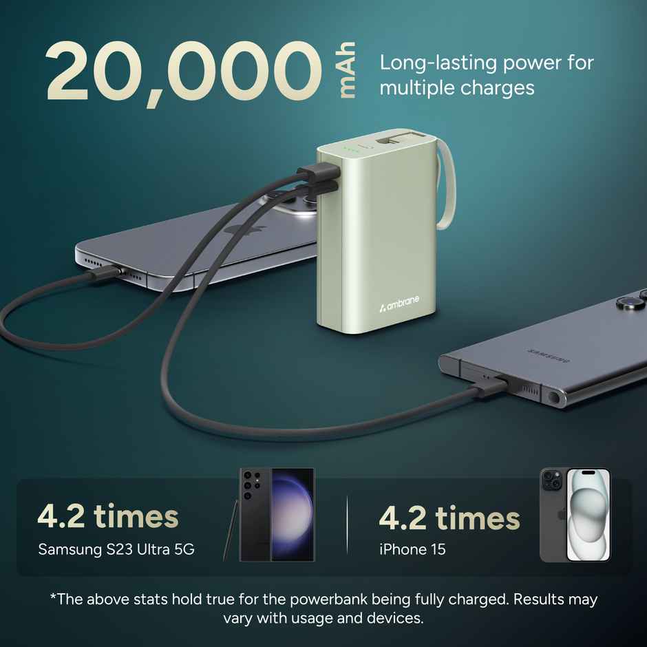 Ambrane 20000 mAh 22.5W Mini Pocket Fast Charging Power Bank | 1 USB & 1 Type C | Blue
