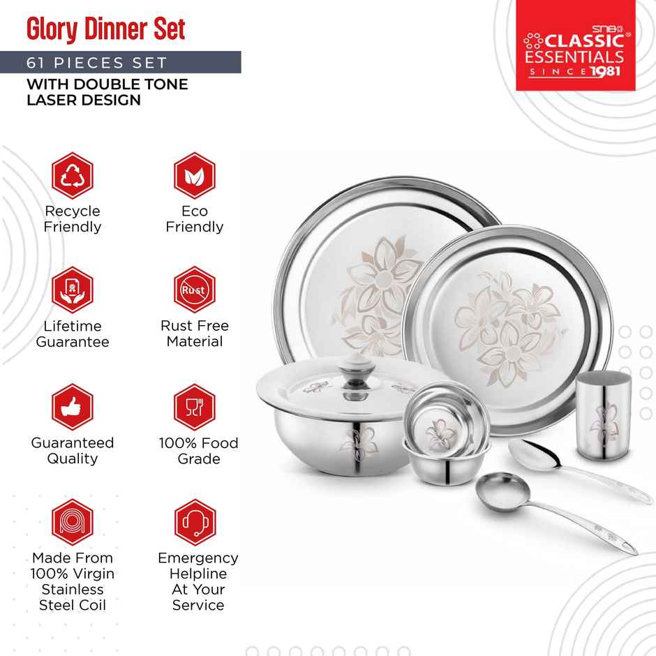 Classic Essentials Heavy Gauge Stainless Steel Permanent Laser Design Glory 61 Pieces Dinner Set