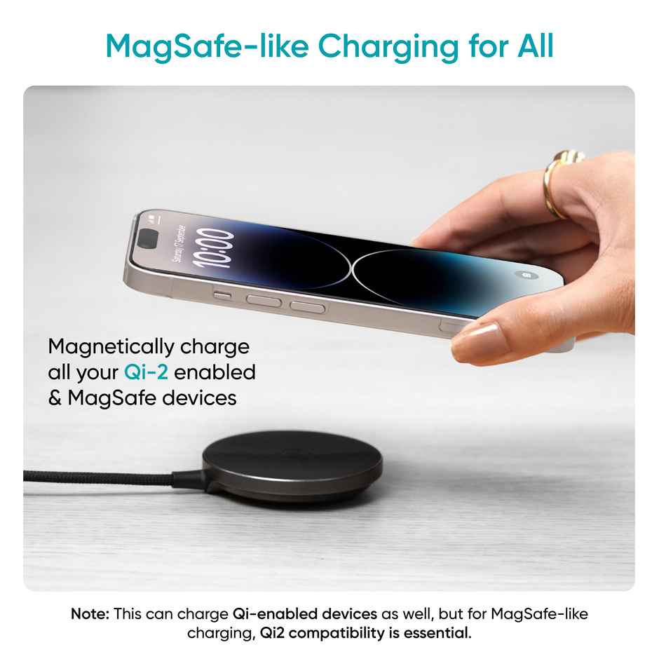 Ambrane 15W Qi2 MagSafe Wireless Charger with 60W Type C Cable for iPhone 12 | AerosynQ B | White
