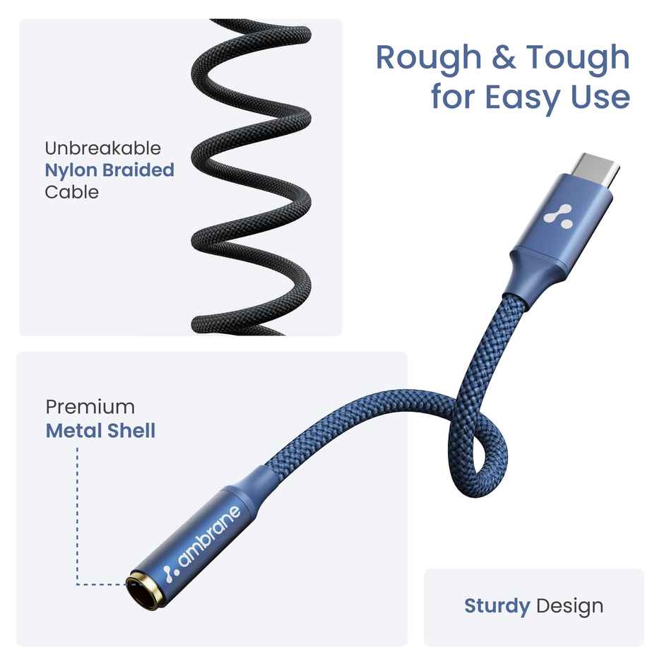 Ambrane Type C to 3.5mm Audio Jack Converter with DAC Headphone Adapter | Connector Cable | Blue