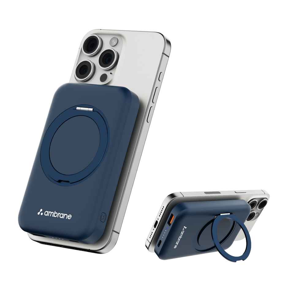 Ambrane 10000 mAh Magsafe Wireless Fast Charging Power Bank with Mobile Stand | 22.5W | Blue