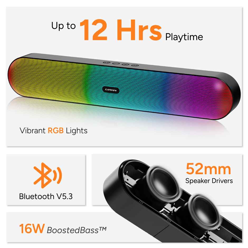 Ambrane 16W Portable Bluetooth Speaker with 12Hrs Playtime | RGB Light | Evoke Spectra
