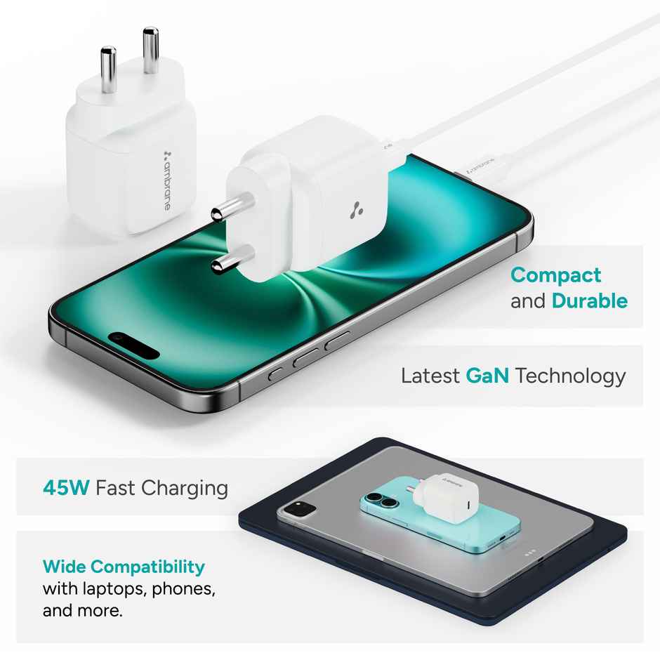Ambrane 45W Dual Port GaN Charger | Type C Compatible with MacBook-Laptops-Android & iPhones