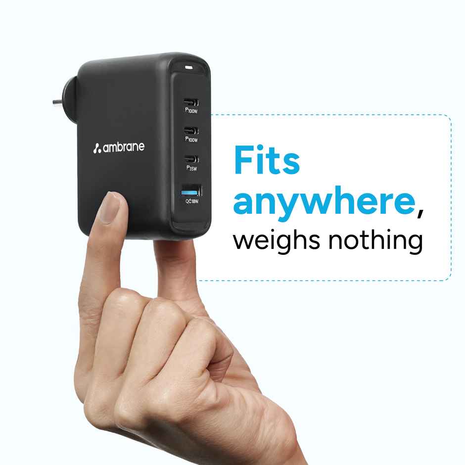 Ambrane 100W Gan Charger for MacBooks & Type C Laptop Charging with 4 Ports - 1 USB & 3 Type C