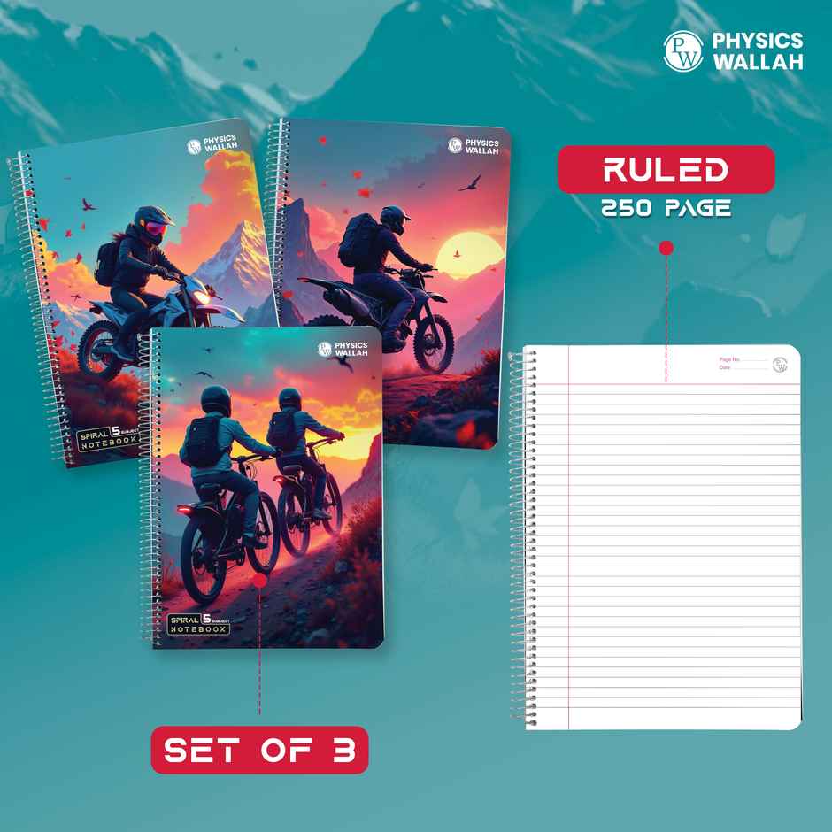 Physics Wallah PW 5-Subject Spiral Notebook Single | Multi-Sectioned 3 design