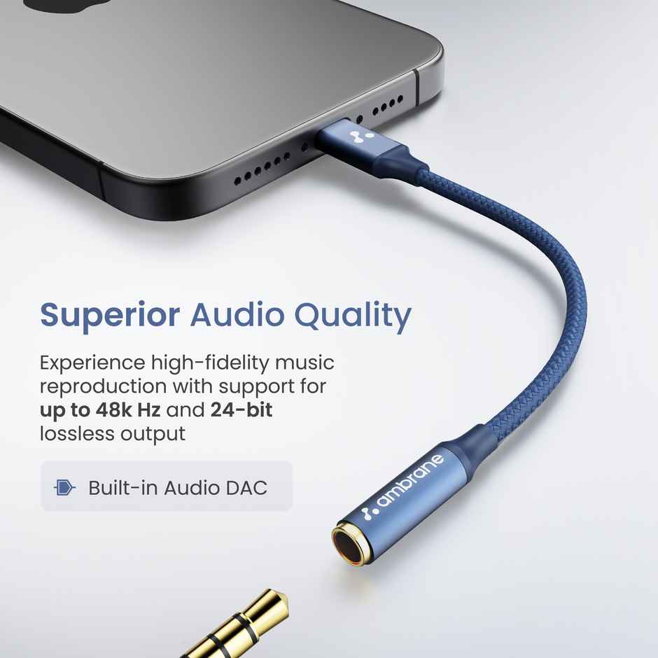 Ambrane Type C to 3.5mm Audio Jack Converter with DAC Headphone Adapter | Connector Cable | Blue