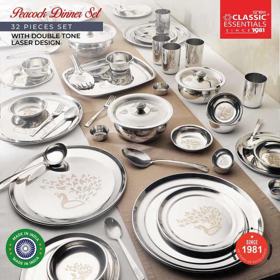 Classic Essentials Heavy Gauge Stainless Steel Permanent Laser Design Peacock 32 Pieces Dinner Set