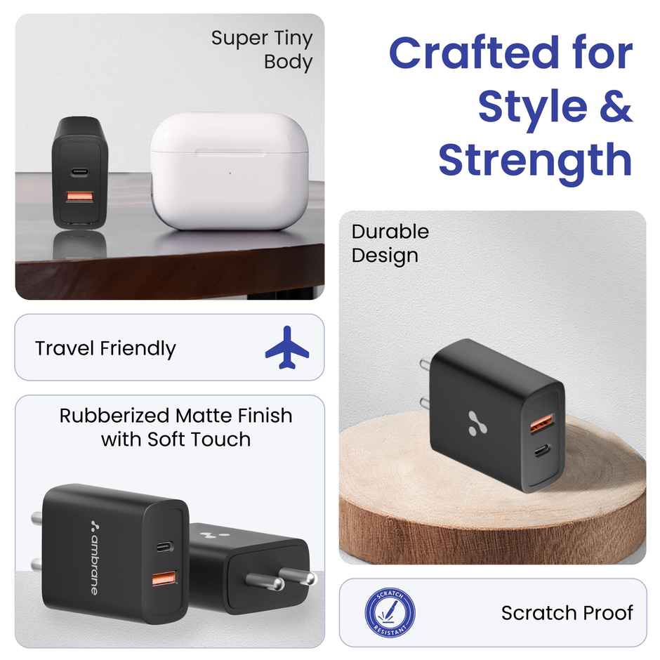 Ambrane 33W Usb & Type-C Dual Port Fast Wall Charging Adapter With Qc & Pdtechnoloy (Raap M33)