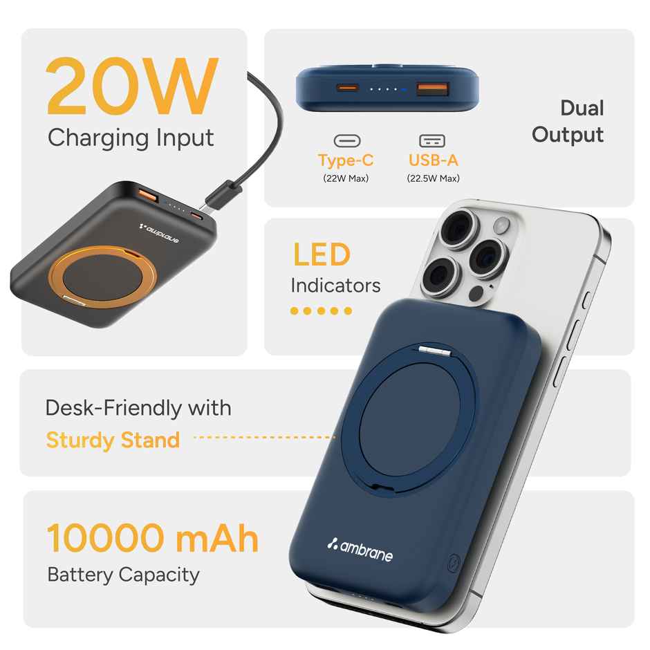 Ambrane 10000 mAh Magsafe Wireless Fast Charging Power Bank with Mobile Stand | 22.5W | Blue