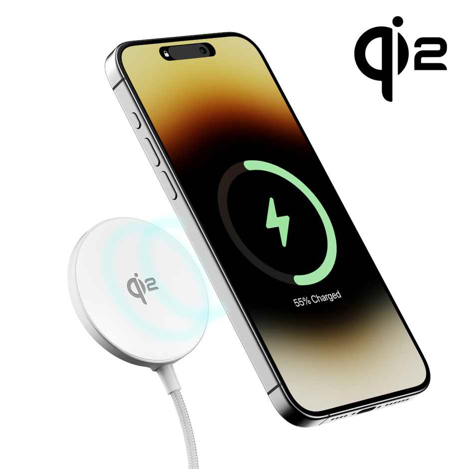 Ambrane 15W Qi2 MagSafe Wireless Charger with 60W Type C Cable for iPhone 12 | AerosynQ B | White