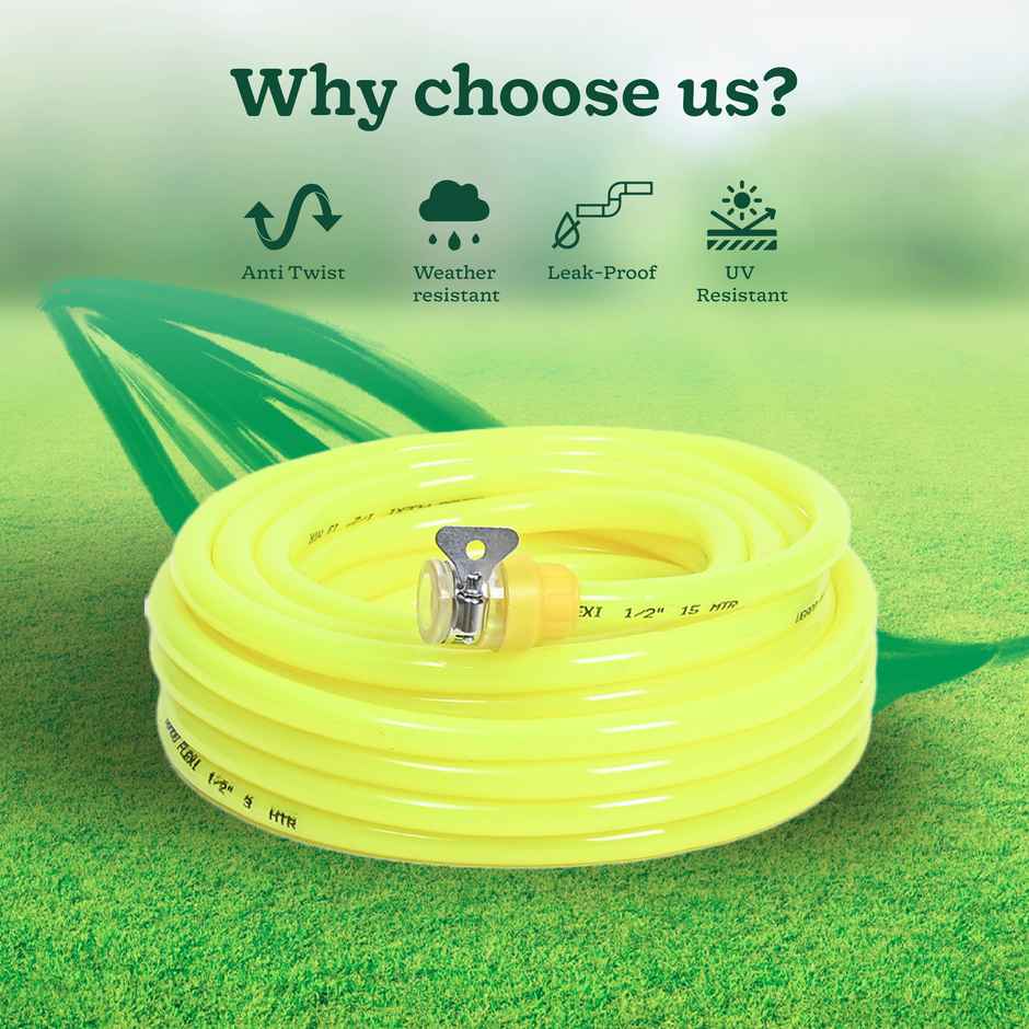 Ugaoo Flexi Water Hose PVC Pipe with Leak-Proof Tap Adaptor | Yellow - 10 m