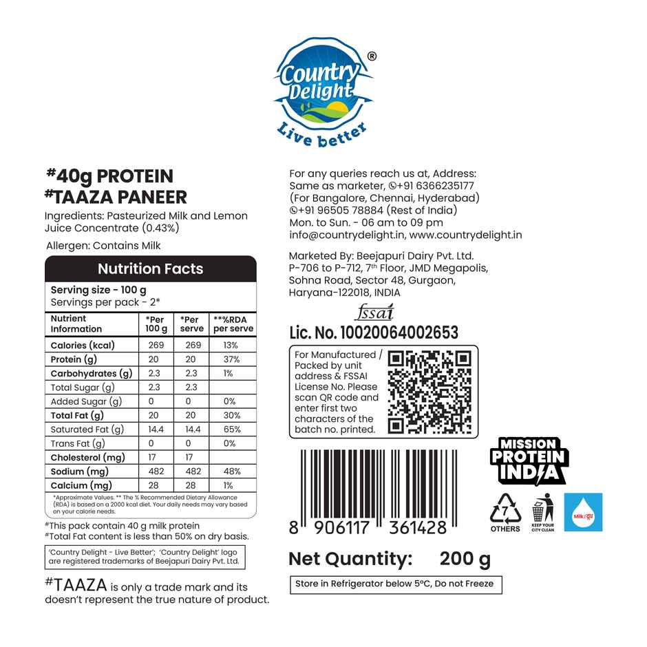 Country Delight 40g Protein Taaza Paneer