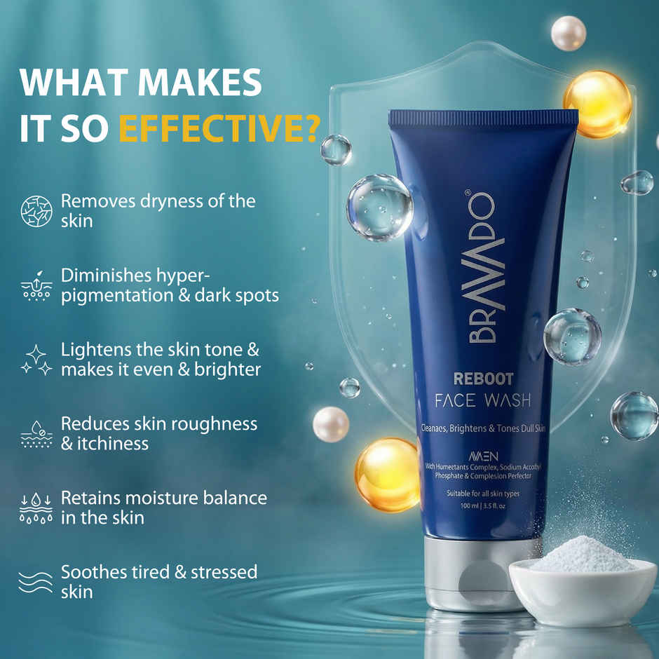 Bravado Reboot Face Wash for Men | Vitamin C | Hydrating Cleanser with Niacinamide for Bright Skin