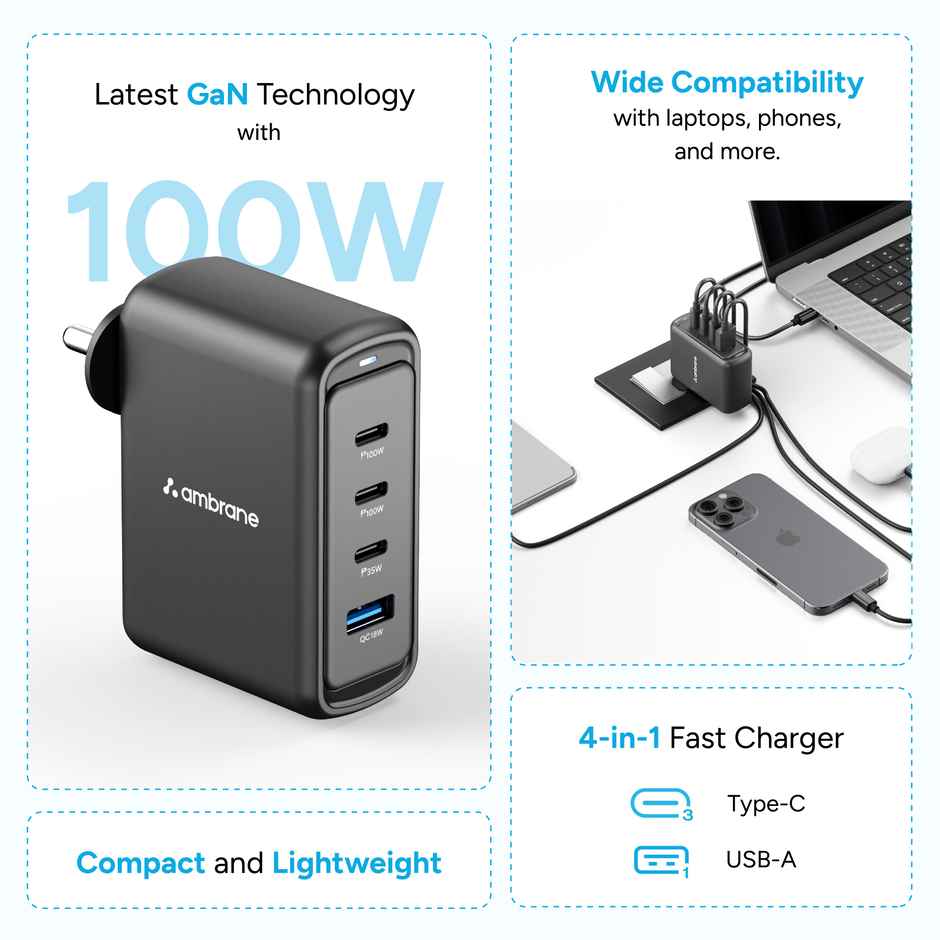 Ambrane 100W Gan Charger for MacBooks & Type C Laptop Charging with 4 Ports - 1 USB & 3 Type C