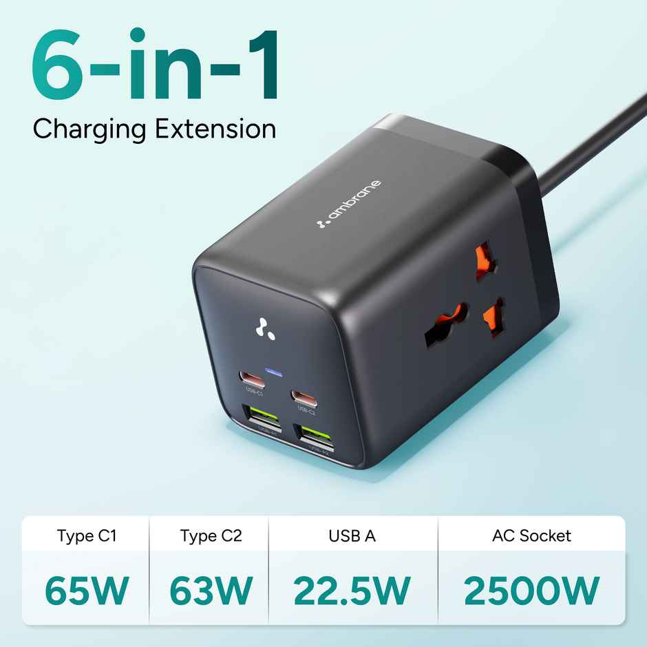 Ambrane 6-in-1 Power Hub Charger 65W Fast Charging | 6 Port Portable Charging Station