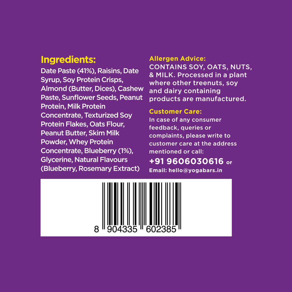 Yoga Bar 10g Protein Bar, Blueberry Blast, Date Sweetened, Raw Cold Pressed