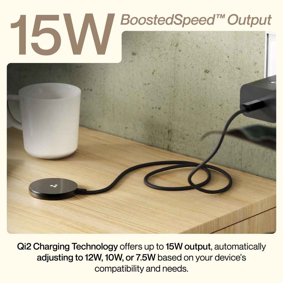 Ambrane 15W Qi-2 & Magsafe Wireless Charger with 60W Type C Cable for iPhone 15/15 Pro/15 Pro Max,iPhone 14/14 Pro/14 Pro Max,iPhone 13/12,Samsung & Other Qi-2 Device + Magnetic Ring (Aerosynq),Black