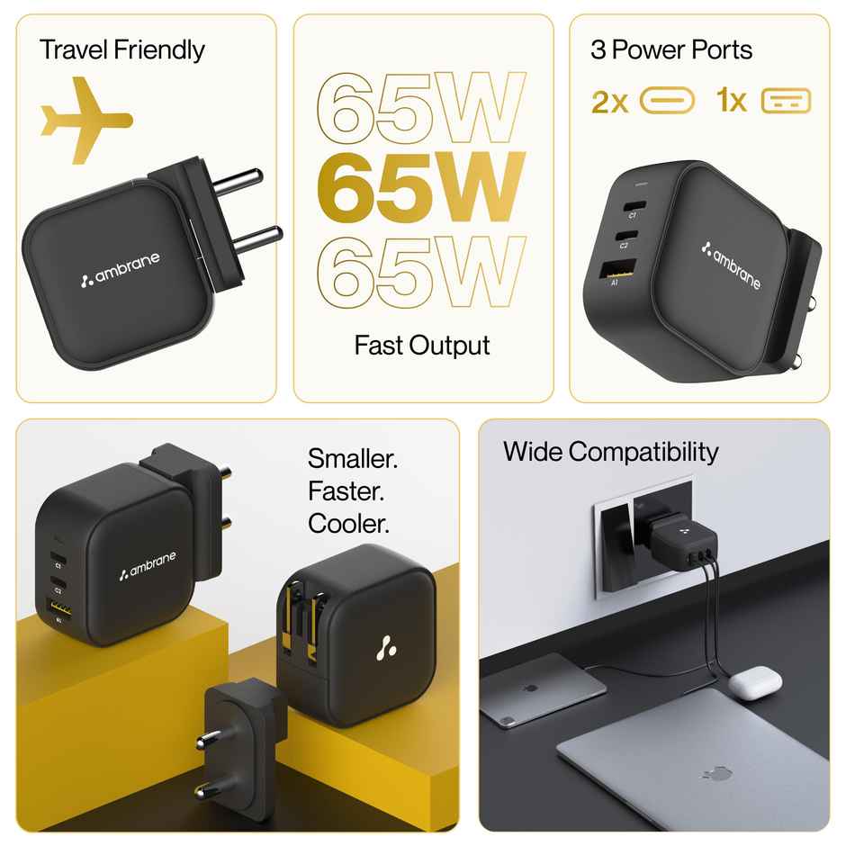 Ambrane 65W Charger Adapter, 3 Ports - 2 Type C & 1 USB for Samsung, Type C Laptops: MacBook, Dell, HP, ASUS, Fast Charger with PD Technology & GaN Technology for All Devices (RAAP G65, Black)