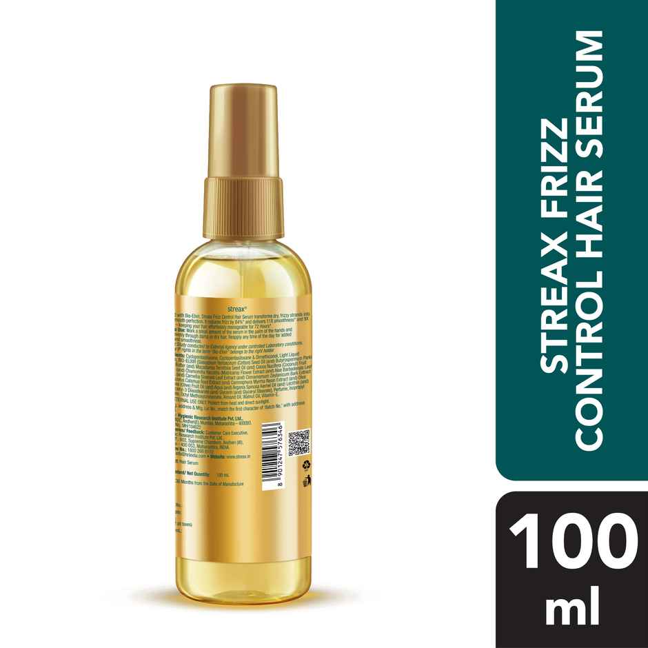 Streax Frizz-Control Hair Serum with Bio Elixir - 72H Frizz Protection, 84% Frizz Reduction
